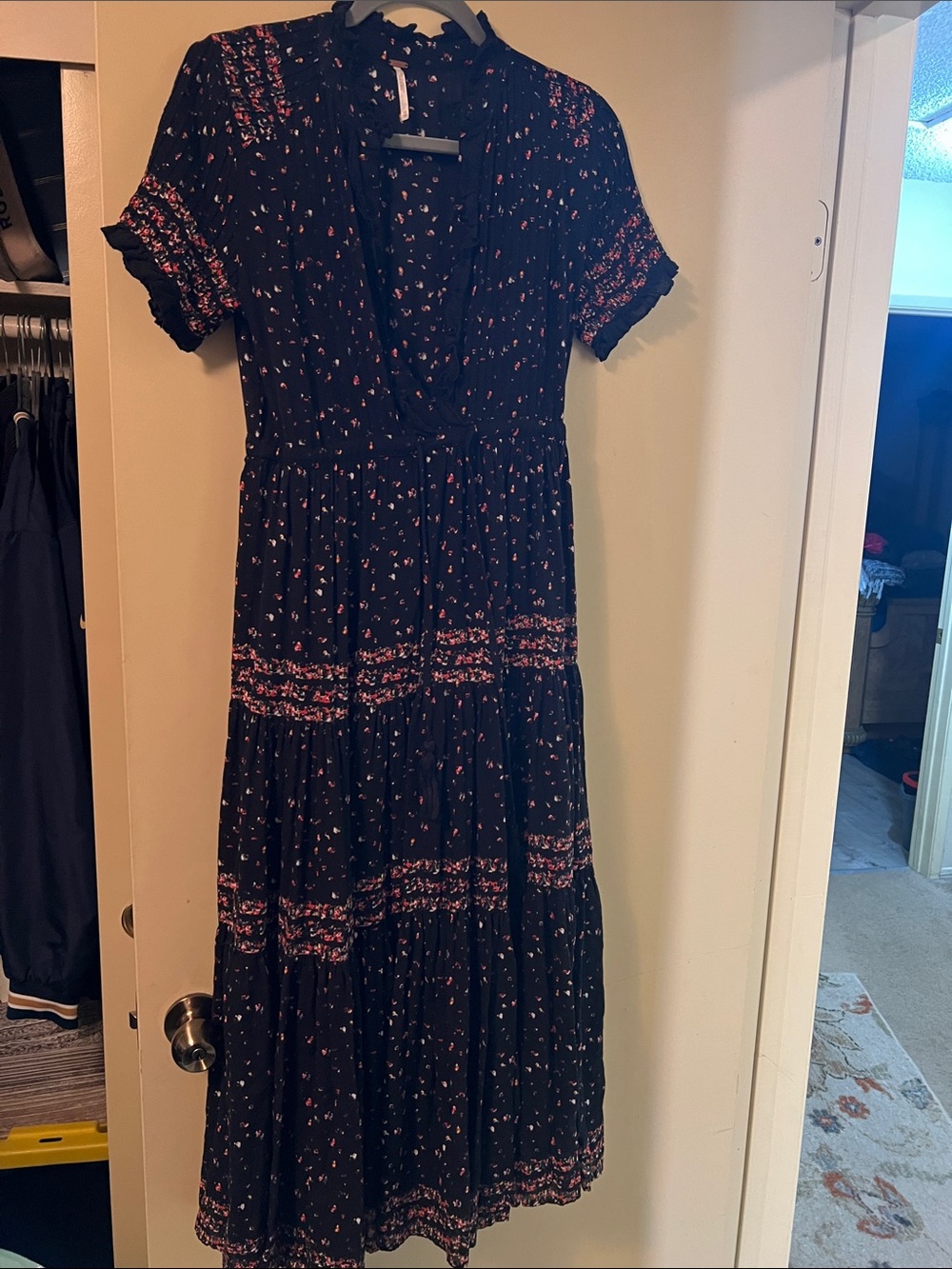 Free People Black Maxi Dress with Pink Floral Print XS